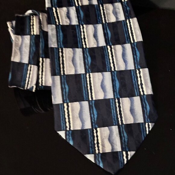 Pierre Balmain Blue Tie Check Checkerboard Gingham Plaid Silk White Art  Deco - Picture 1 of 5